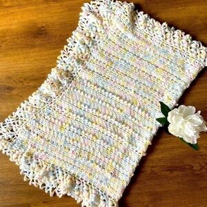 Handmade Pastel Crocheted Baby Blanket – Ruffled Hem, Soft & Cozy EUC